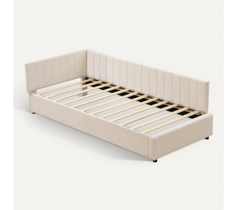 Lit Enfant Rembourré 90x200 Cm, Lit De Repos Avec Sommier à Lattes, Tissu Velours Doux, Beige