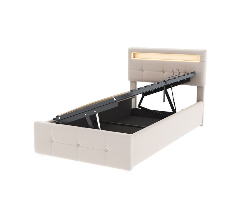 Lit Coffre Enfant 90 X 200 Cm, Lit Simple Avec Éclairage LED, Tête De Lit Réglable, Velours, Beige