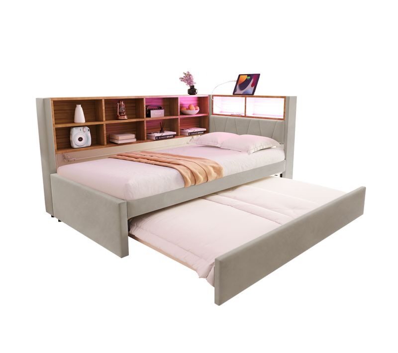 Lit Enfant Lit Gigogne 90x200/90x190cm, Avec LED, Prises Et Nombreux Rangements, Flanelle Gris Clair