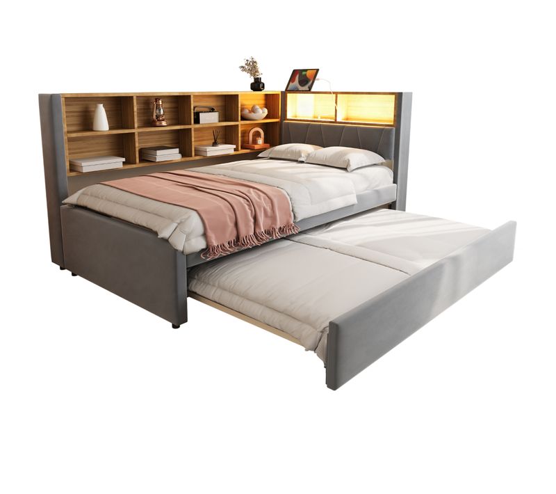 Lit Enfant Lit Gigogne 90x200/90x190cm, Avec LED, Prises Et Nombreux Rangements, Flanelle Gris Foncé