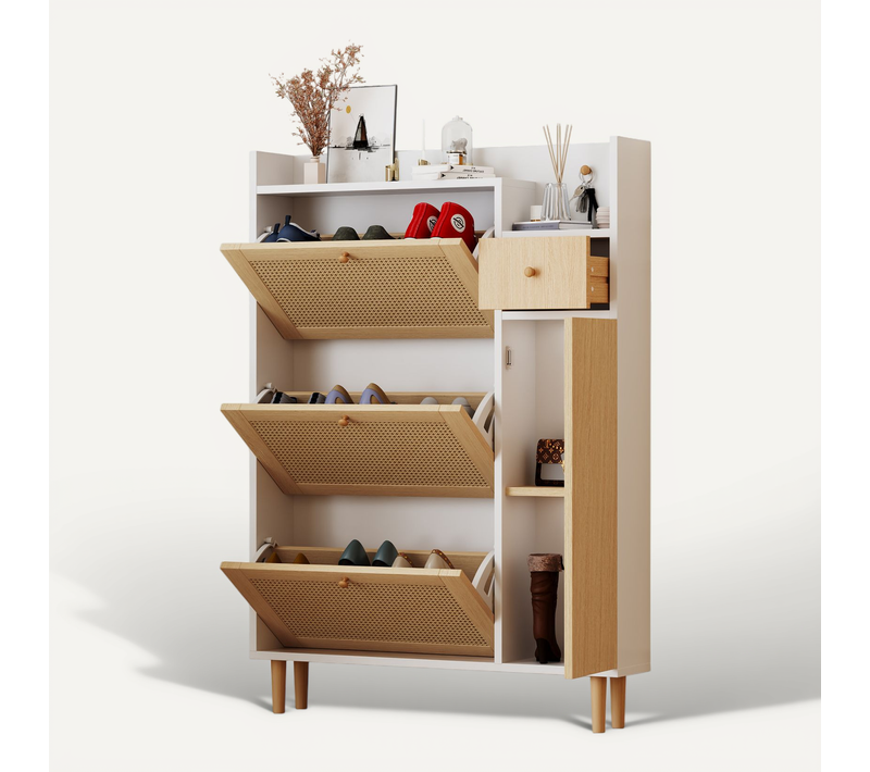 Meuble à Chaussures Rotin, 3 Portes Basculantes Et 1 Petit Tiroir, 90x17x125 Cm, Naturel Et Blanc