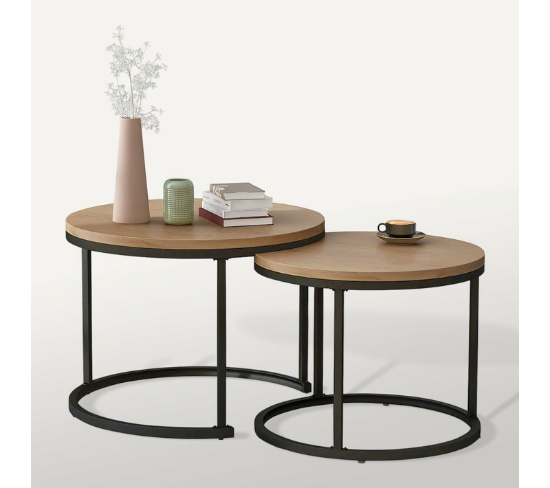 Table Basse Ronde, Ensemble De 2, 70.5x50cm/45.5x44cm, Cadre Métal Noir, Grain De Bois Brun Clair