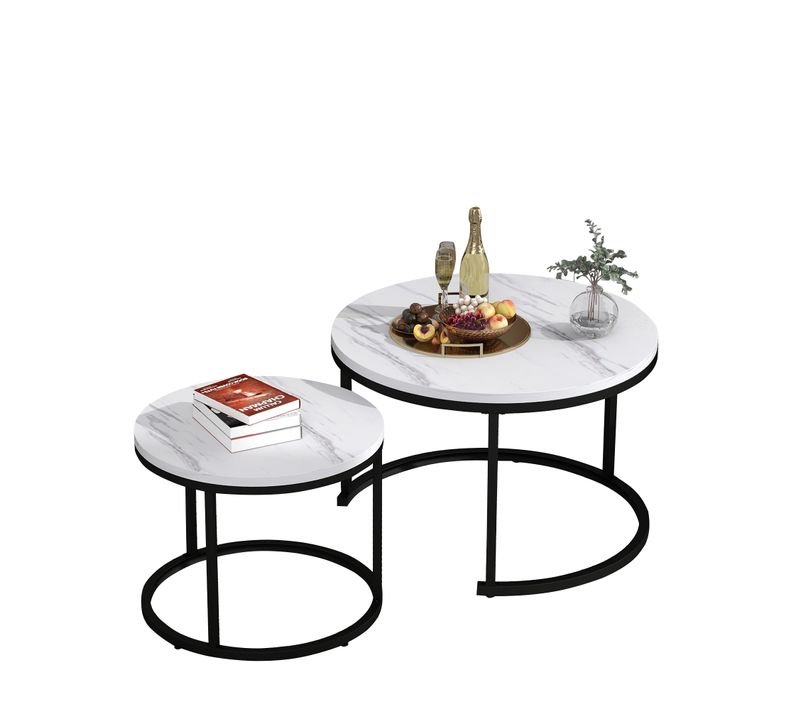 Table Basse Ronde, Ensemble De 2, 70.5x50cm/45.5x44cm, Cadre Métal Noir, Motif De Marbre Blanc