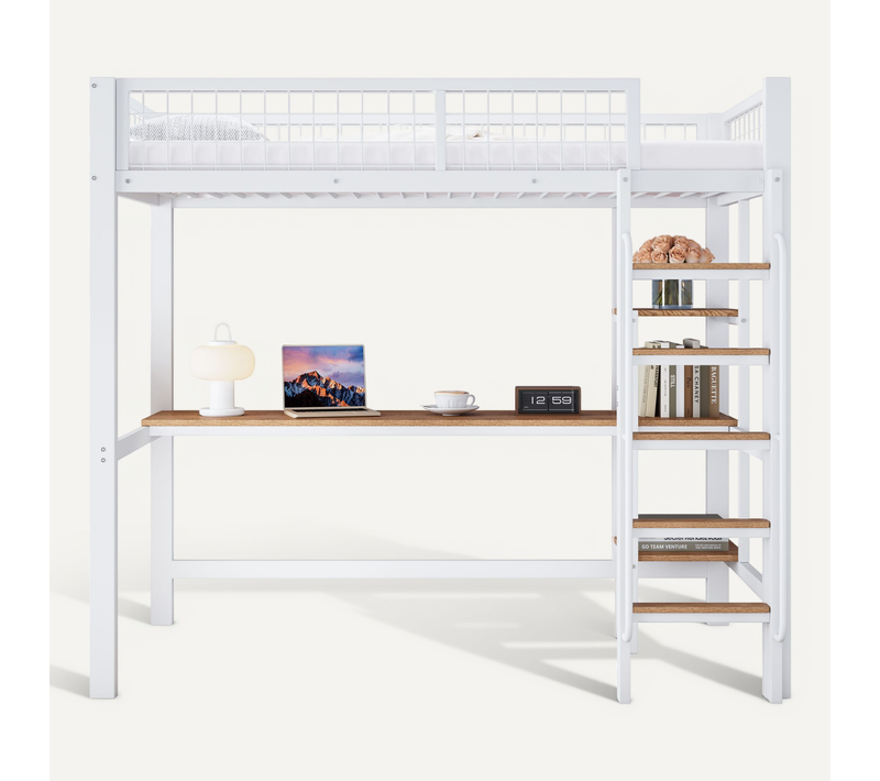 Lit Mezzanine Enfant 90x200cm, Bureau Et Étagères, Échelle à 5 Marches, Fer + Mdf, Blanc + Naturel