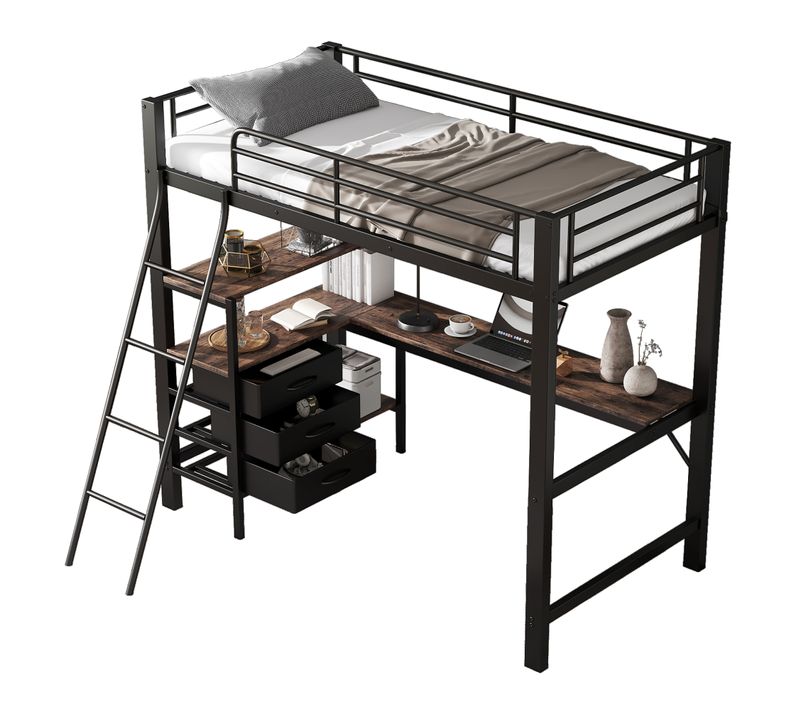 Lit Mezzanine Enfant 90x200cm, 3 Tiroirs, Bureau, Échelle, En Métal, Noir + Noyer Foncé