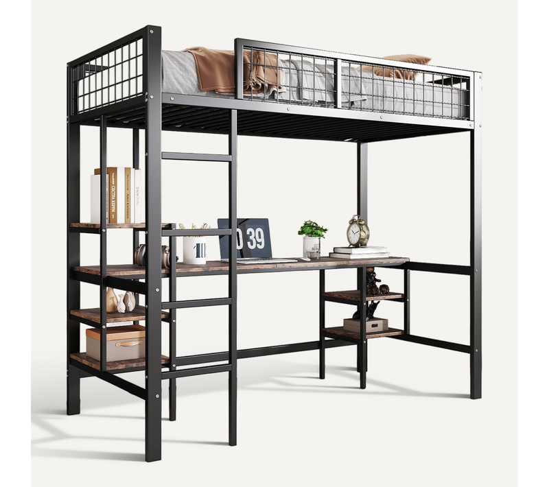 Lit Mezzanine Enfant 90x200cm, Bureau, Échelle Et Étagère, En Métal, Noir + Noyer Foncé