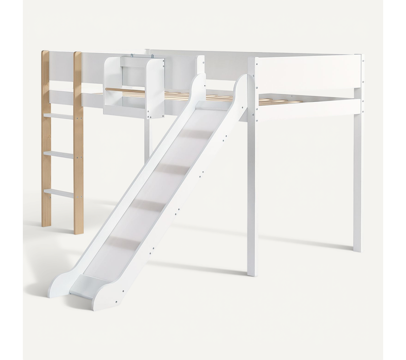 Lit Mezzanine Enfant 90x200 Cm, Échelle à 3 Marches, Toboggan, Étagère Amovible, Blanc Et Naturel