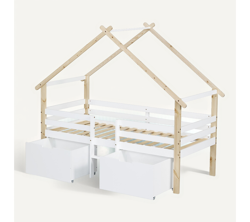 Lit Cabane 90x200 Cm, Lit Enfant Avec Clôture, Toit Et 2 Casiers à Roulettes, Blanc Et Naturel