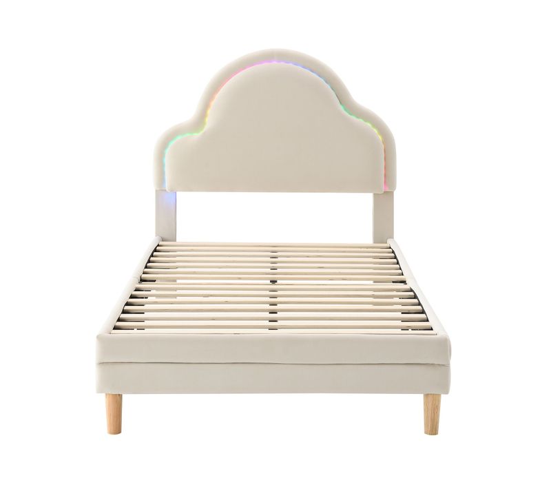 Lit Enfant Rembourré 90x200 Cm, Avec Tête De Lit En Forme De Nuage Et LED, Velours, Beige