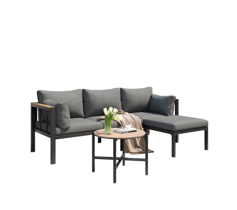 Salon De Jardin 3 Pièces En Métal, Canapé D'angle, Table Basse Et Pouf, Gris Avec Plateau En Verre