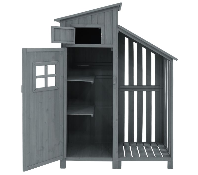 Abri De Jardin Compact En Bois 124x46x174 Cm Avec Étagères Et Toit Pvc – Gris