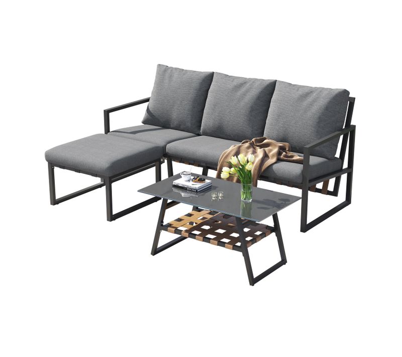 Salon De Jardin D’angle 3 Pièces – Canapé, Table Basse Et Pouf – Style Industriel – Gris