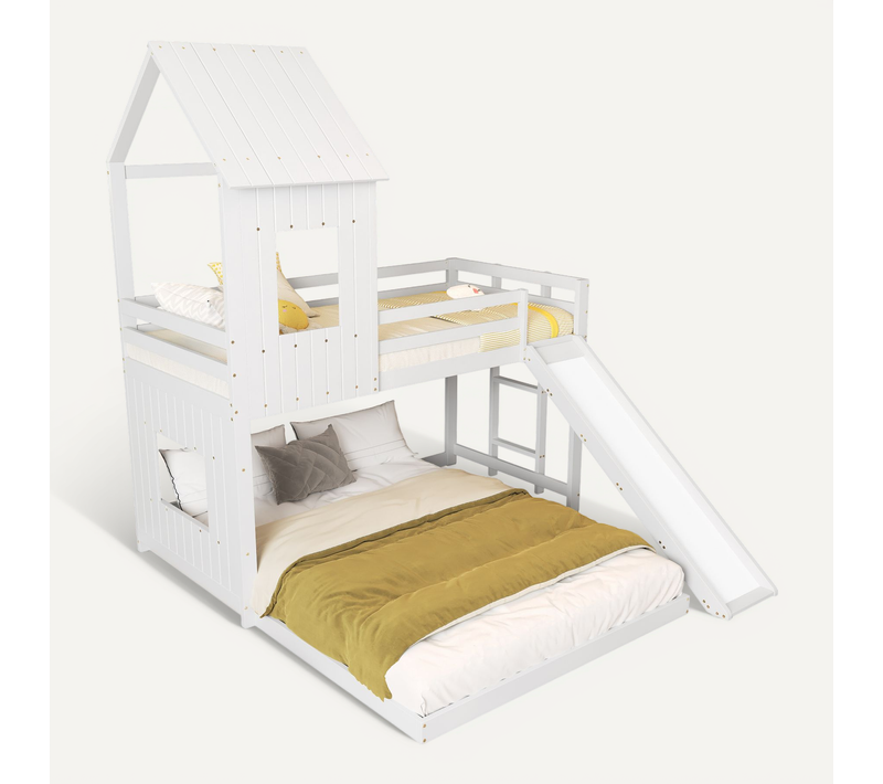 Lit Superposé Cabane 90x200/140x200 Avec Toboggan, Échelle, Toit Et Fenêtres, Bois Blanc