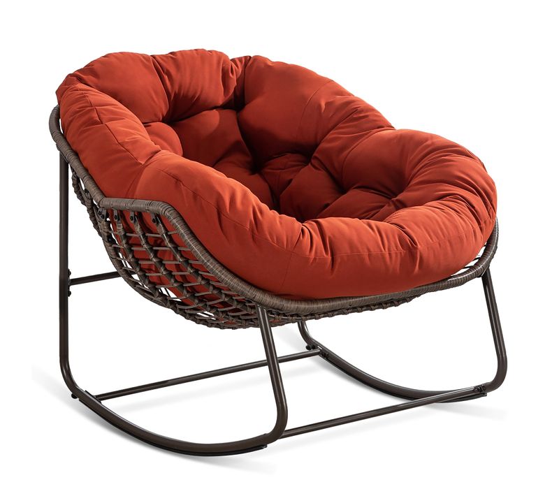 Fauteuil à Bascule D'extérieur Rotin, Coussin Rembourré En Cotton, Cadre En Ancier, Rouge + Orange