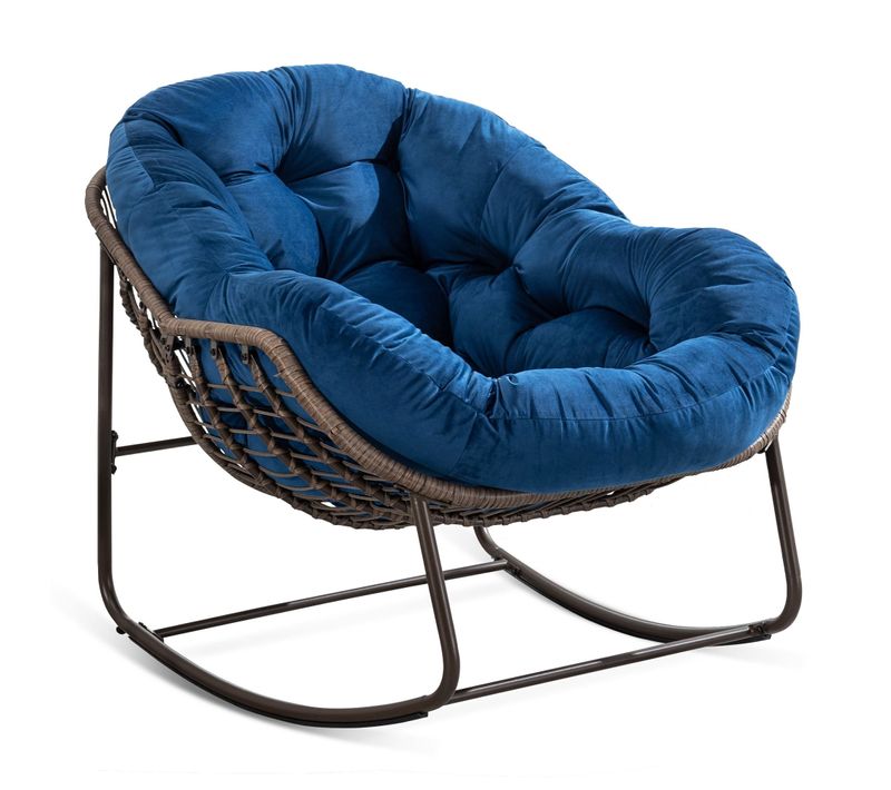 Fauteuil à Bascule D'extérieur En Rotin, Coussin Rembourré, Cadre En Ancier, Bleu Marine