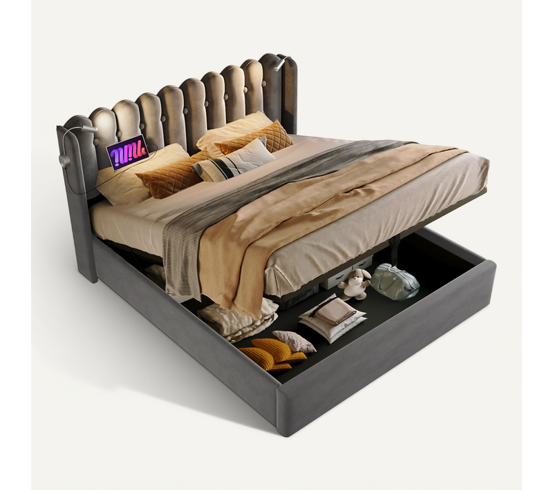Lit Coffre Adulte 160x200 Cm En Velours Avec Liseuse, Port USB Et Rangement, Gris
