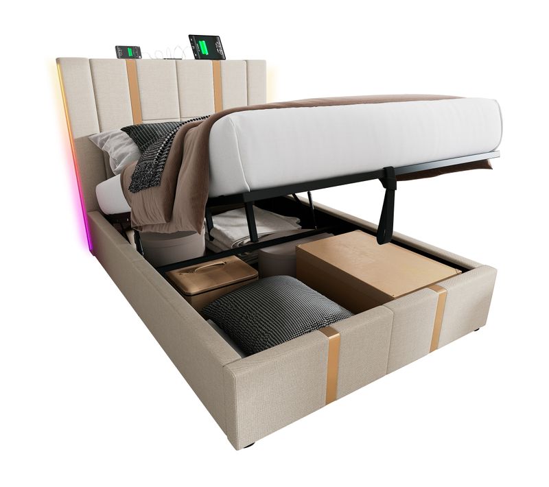 Lit Coffre Enfant 90x200 Avec LED, Ports USB-c, Coffre De Rangement, Lin Beige