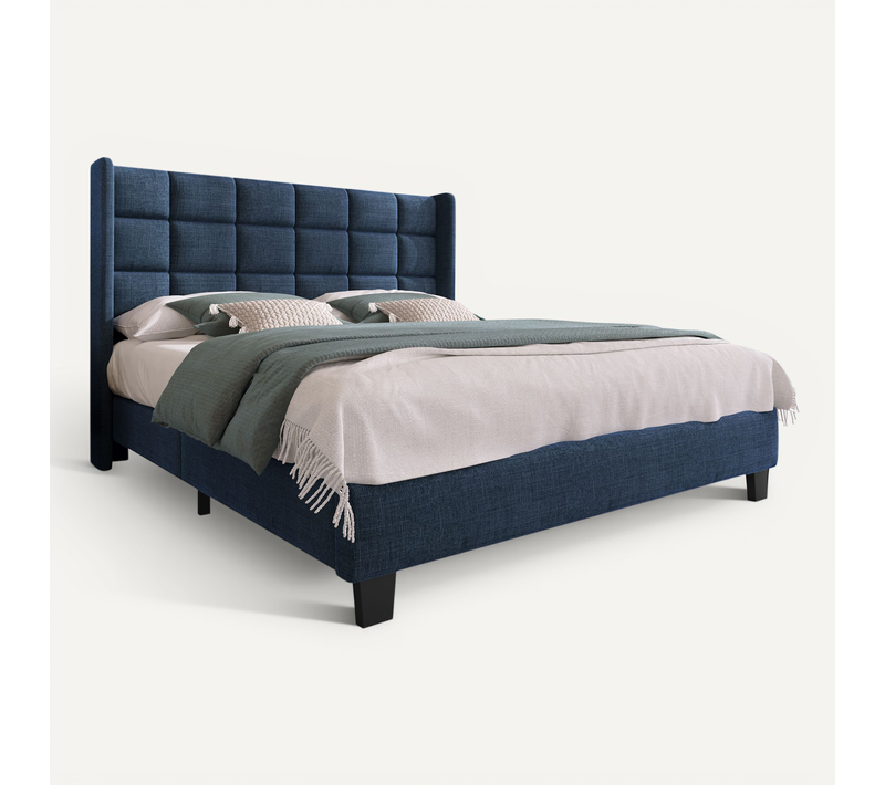 Lit Adulte 140x200 Cm Bleu Avec Sommier, Tête Rembourrée, Tissu Lin
