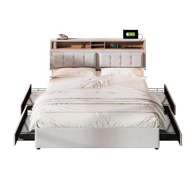 Lit Adulte 140x200 Cm Avec 4 Tiroirs De Rangement, Tête Réglable, Ports USB-c , Sommier Bois