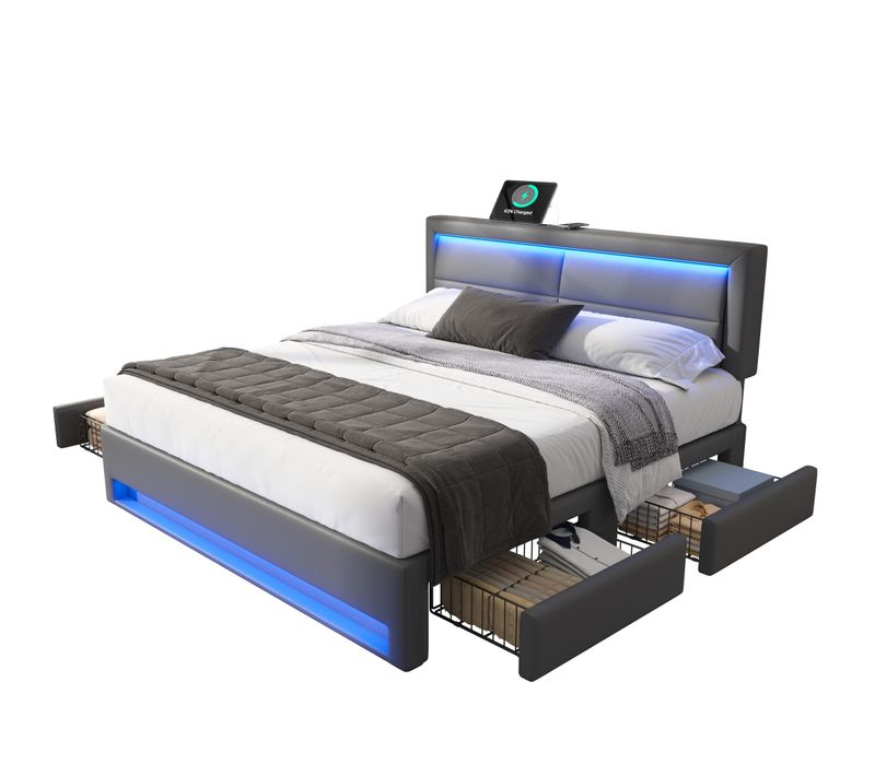 Lit Adulte 140x200 Cm Gris, Avec Port USB, LED Multicolore Et 4 Tiroirs De Rangement,pu