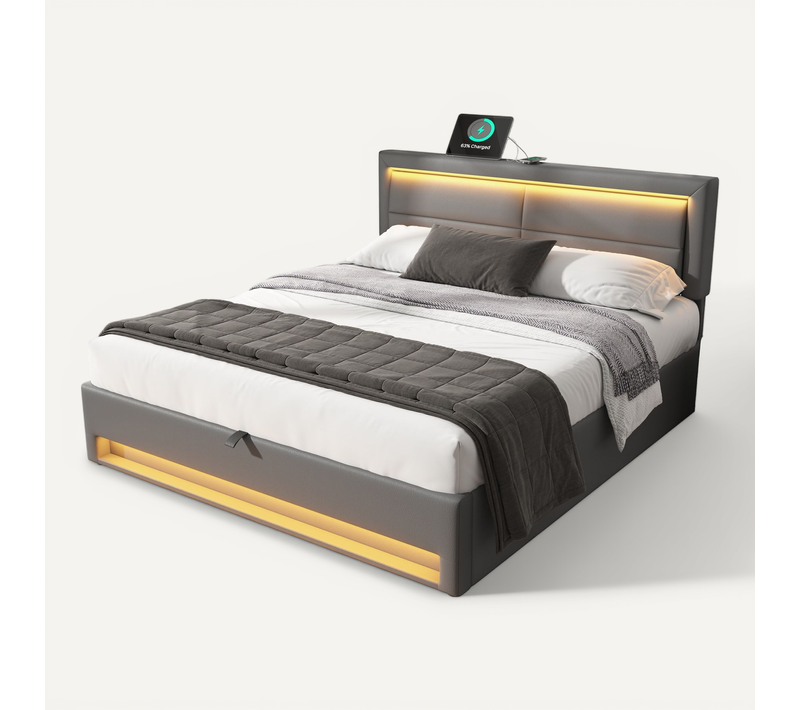 Lit Coffre Adulte 140x190 Cm Gris Avec LED, Port USB (charge Sans Fil) Et Rangement, Pu
