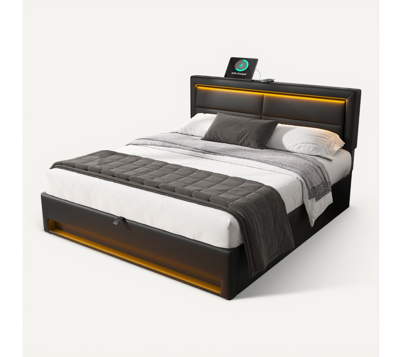 Lit Coffre Adulte 140x190 Cm Noir Avec LED, Port USB (charge Sans Fil) Et Rangement, Pu