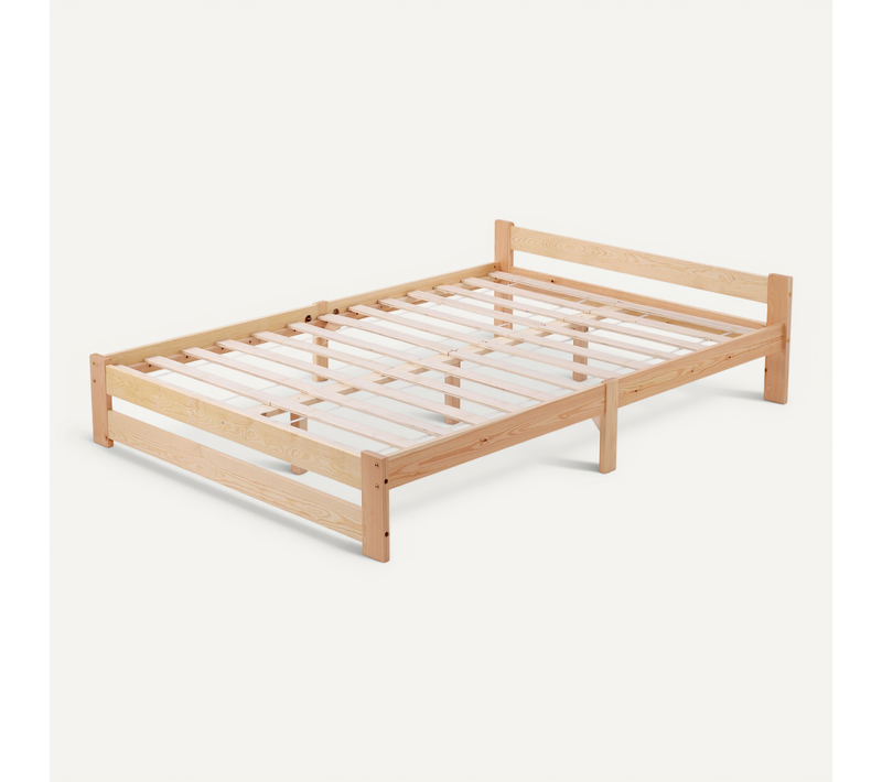 Lit En Bois Massif 140x200 Cm, Lit Double Avec Tête De Lit Et Sommier à Lattes, Naturel