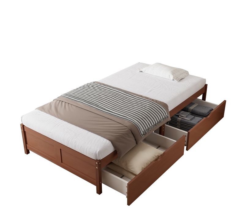 Lit Enfant En Bois 90x200cm Avec 2 Tiroirs à Roulettes, Sans Tête De Lit, Pin+mdf, Brun Rougeâtre