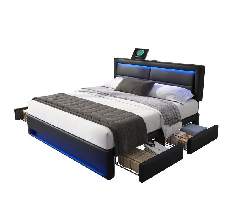 Lit Adulte 140x190 Cm Noir Avec LED, USB (chargement Sans Fil) Et 4 Tiroirs De Rangement, Pu