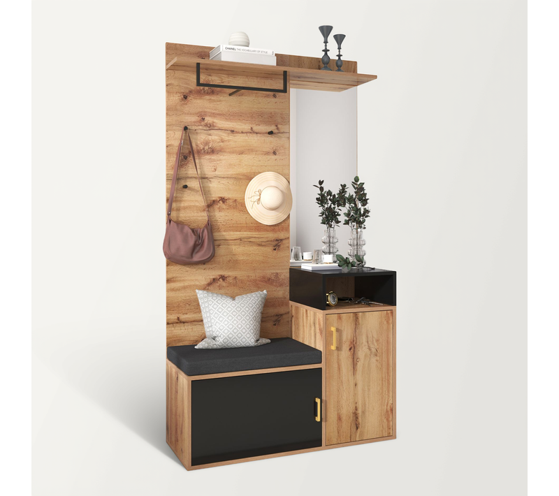 Vestiaire d'entrée - armoire à chaussures - porte manteau avec miroir - banc et patère - noir