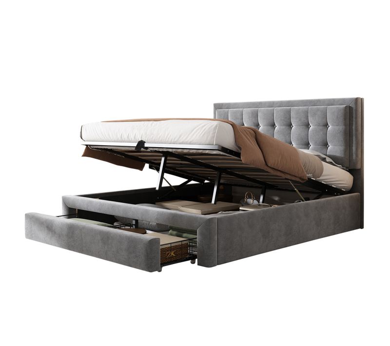Lit Coffre Adulte 140x200 Cm En Velours Gris Avec Sommier, Tiroir Et Tête Réglable