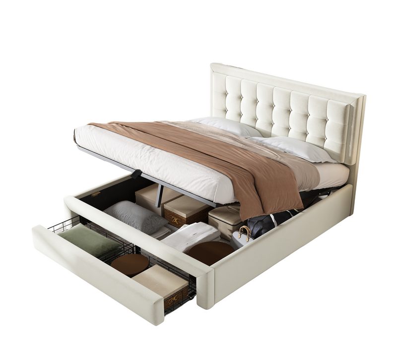 Lit Coffre Adulte 140x200 Cm En Velours Beige Avec Sommier, Tiroir De Rangement Et Tête Réglable