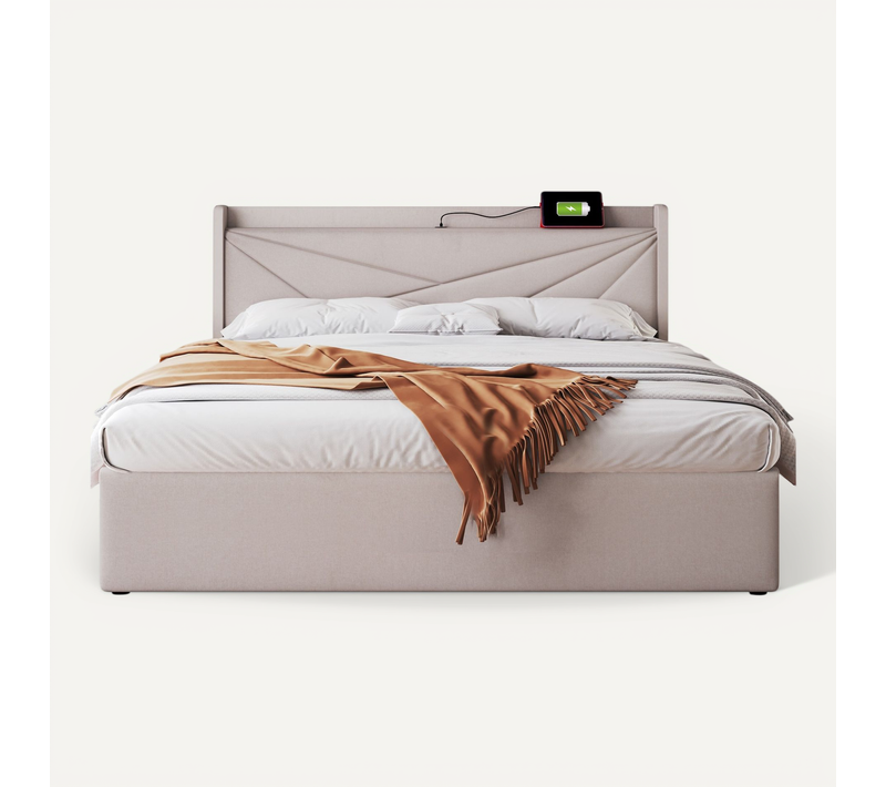 Lit Coffre Adulte 160x200, Ports USB-c, Sommier à Lattes Et Tête De Lit Moderne En Tissu