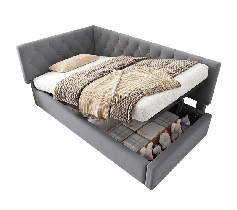 Lit Coffre Enfant, Canapé-lit, Lit Avec Sommier 90x200cm, En Velours, Gris