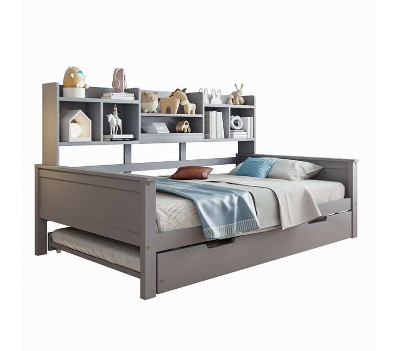 Lit Enfant 90x200 Cm Bois Gris Avec Lit Gigogne, Rangement Et Sommier
