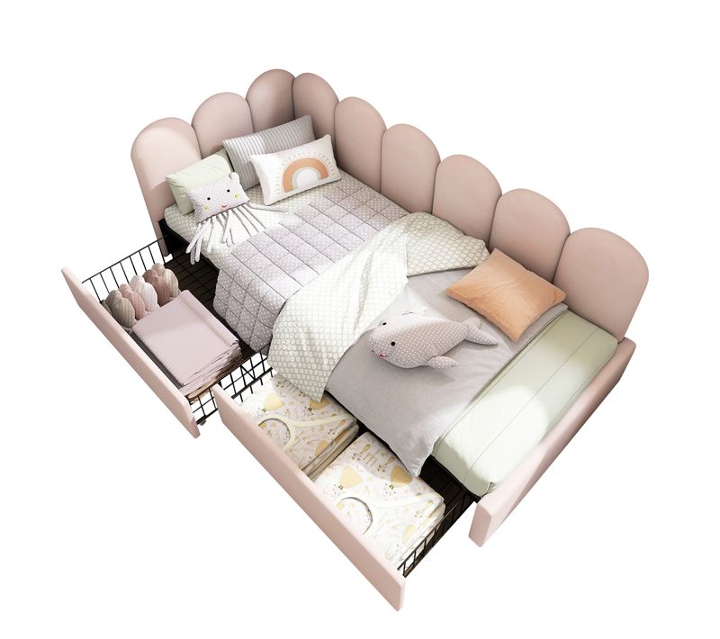 Lit Enfant Banquette 90x200 Cm En Velours Rose Avec Tiroirs, Sommier Et Rangement