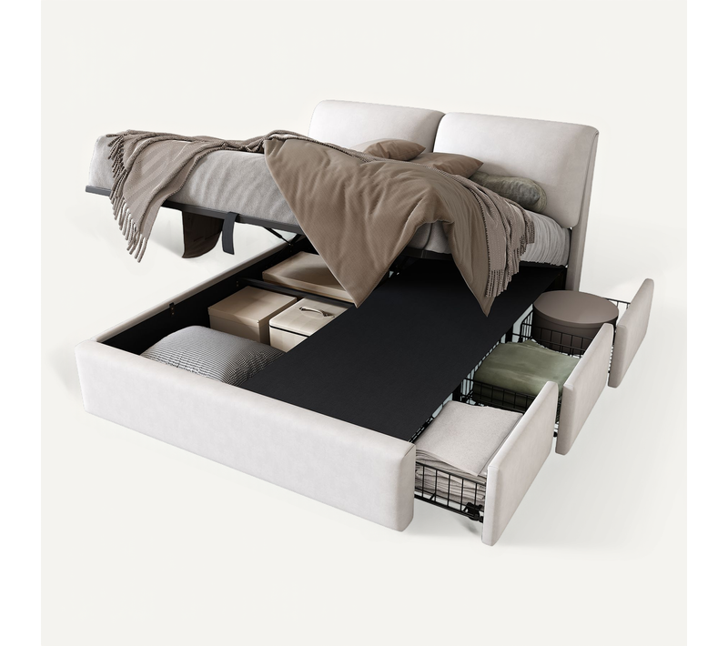 Lit Coffre 140x200 cm, Lit Adulte, Lit Avec 3 Tiroirs, En Velours, Beige-blanc