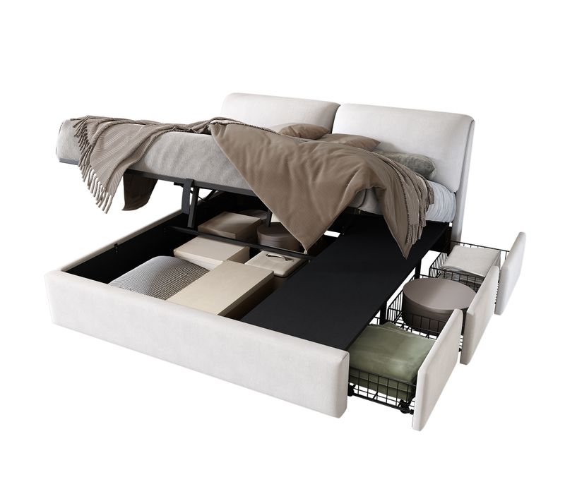 Lit Coffre 180x200 cm, Lit Adulte, Lit Avec 3 Tiroirs, En Velours, Beige-blanc