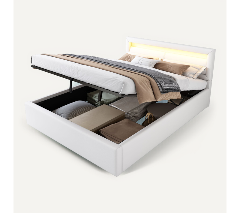 Lit Coffre 140x200cm, Lit Adulte, Lit Double avec Espace De Rangement, LED, Pu, Blanc