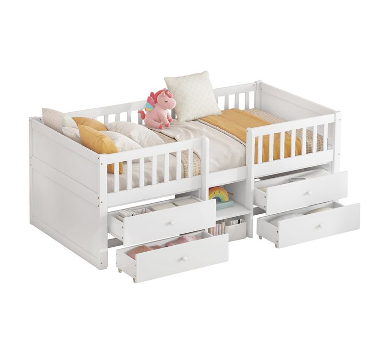Lit Enfant 90x200 Cm Avec 4 Tiroirs De Rangement, Structure En Pin, Blanc