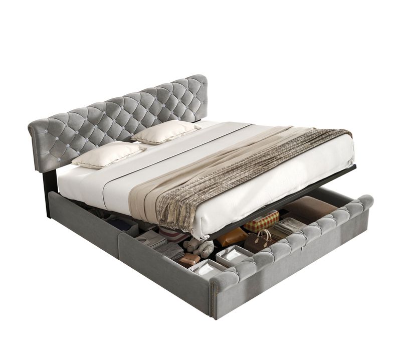 Lit Coffre 180x200cm, Lit adulte, Tête De Lit Réglable En Hauteur, Velours, Gris