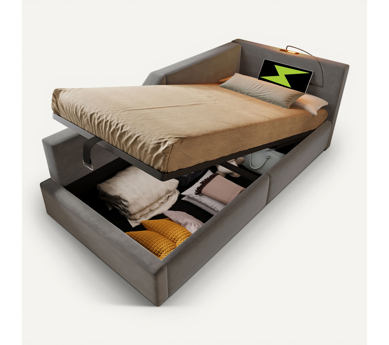 Lit Coffre Enfant 90x190cm Lit 1 Place Avec Lampe De Lecture Et Chargement USB-c, Velours, Gris