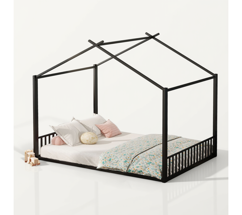 Lit Cabane 140x200 cm avec Barrière De Sécurité, métal, Noir