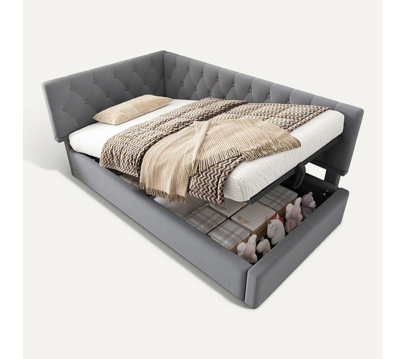 Lit Coffre Enfant 90x200cm, Lit De Repos Avec Rangement Hydraulique, Velours, Gris