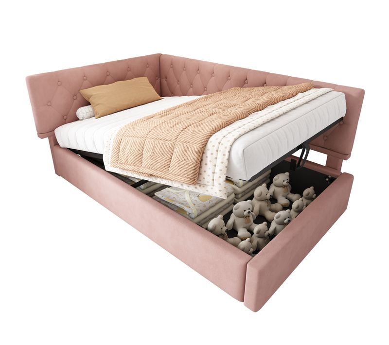 Lit Coffre Enfant 90x200cm, Lit De Repos Avec Rangement Hydraulique, Velours, Rose