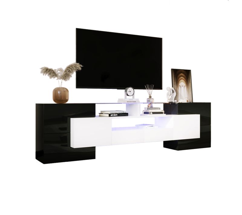 Meuble TV Moderne 200x35x60 Cm, Avec Éclairage LED, Noir Et Blanc Brillant