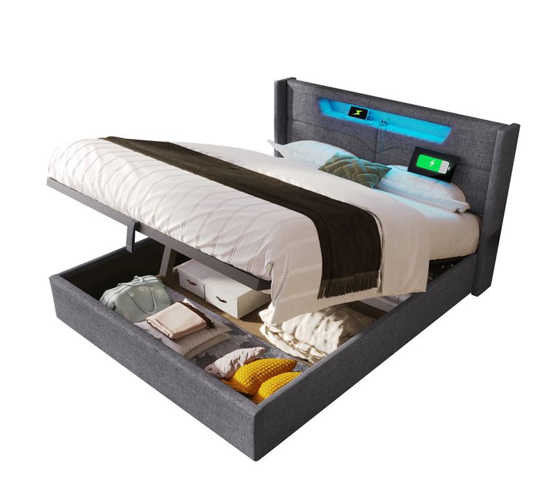 Lit Coffre Adulte 160x200 Cm Avec USB-c, Rangement Et Éclairage, Lin Gris