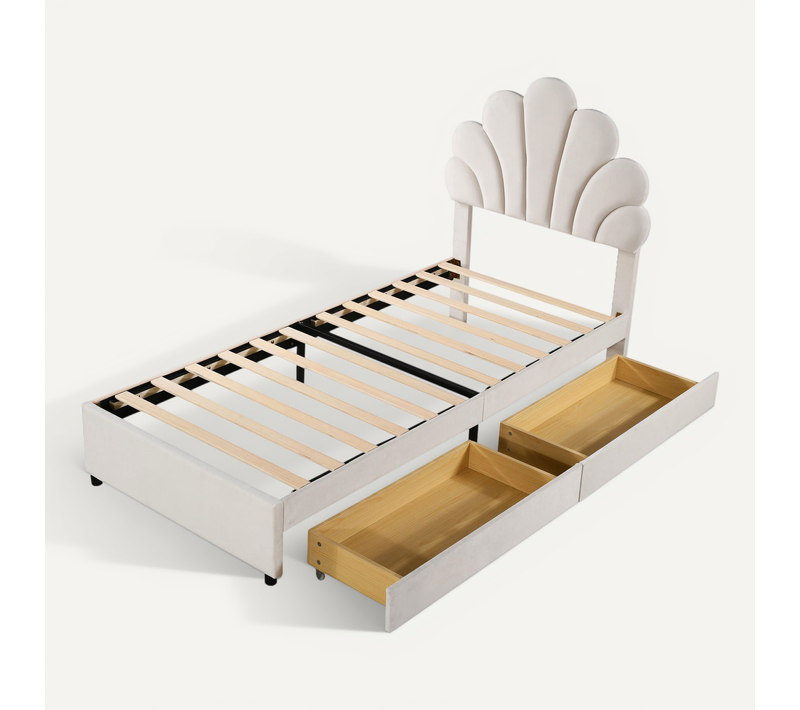 Lit Enfant 90x200 Cm, Tête De Lit Fleurie, 2 Tiroirs De Rangement, Velours Doux Beige
