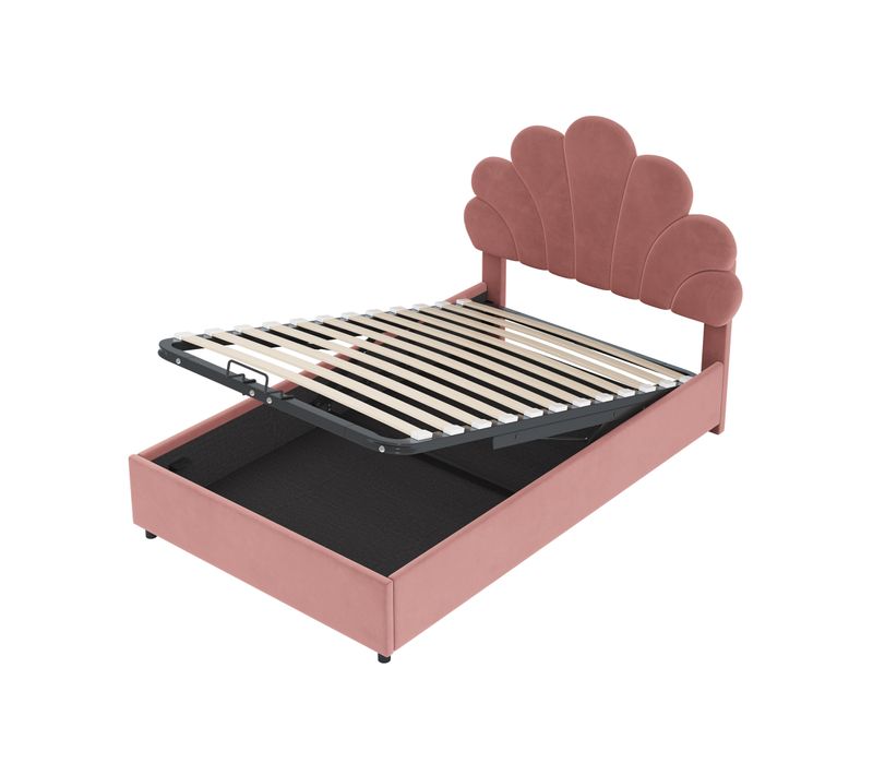 Lit Coffre 90x200cm Lit Enfant, Tête Fleurie Réglable, Rangement Hydraulique, Velours Rose