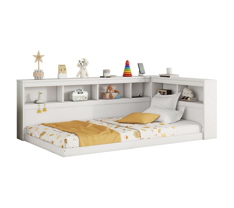 Lit Enfant 90x200 Cm, Banquette-lit Avec Prise Et USB Et Compartiment De Rangement, Blanc